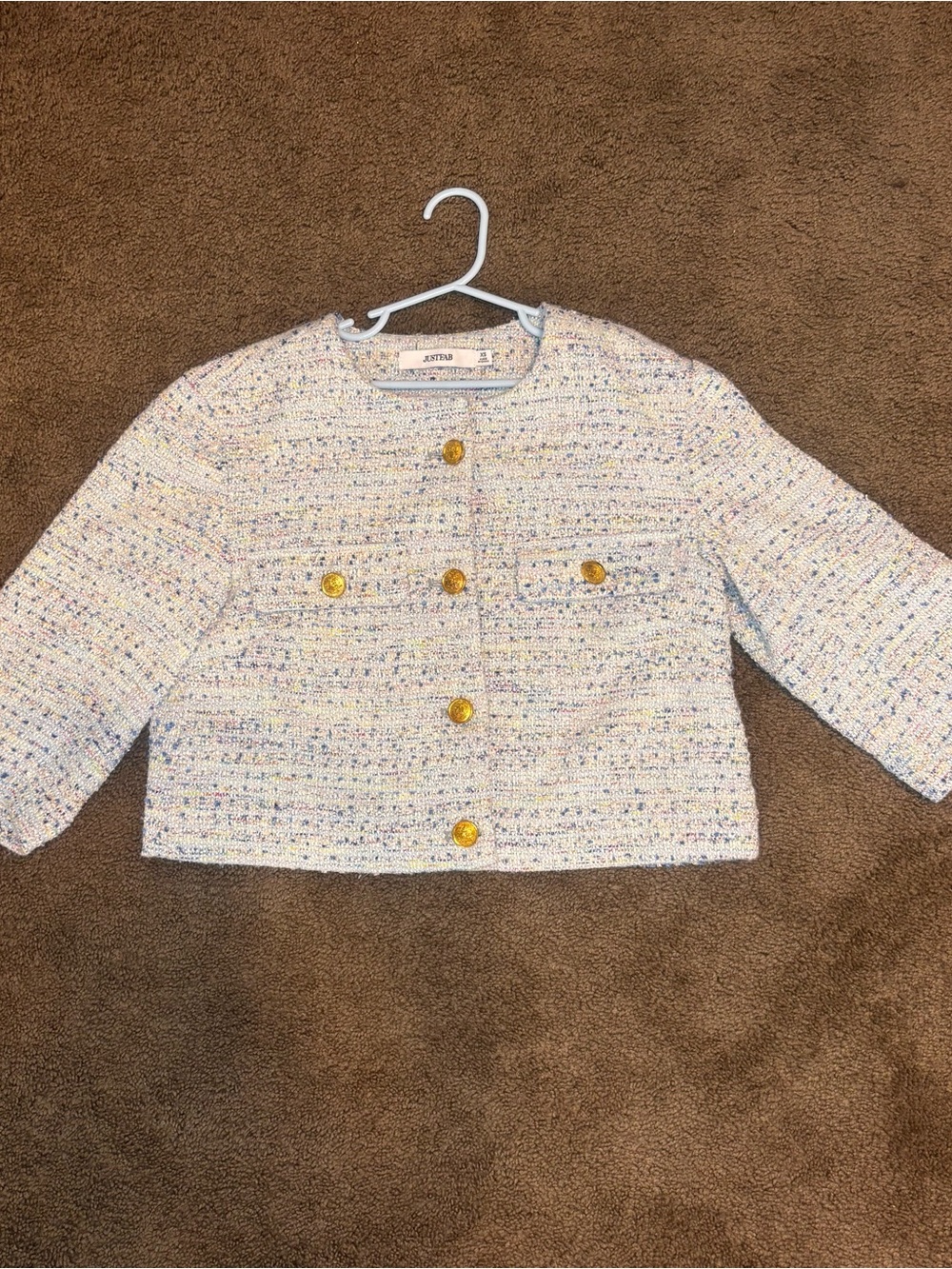 JustFab Girls Tweed Cropped Blazer Jacket Gold Button Multicolor White XS 4/5